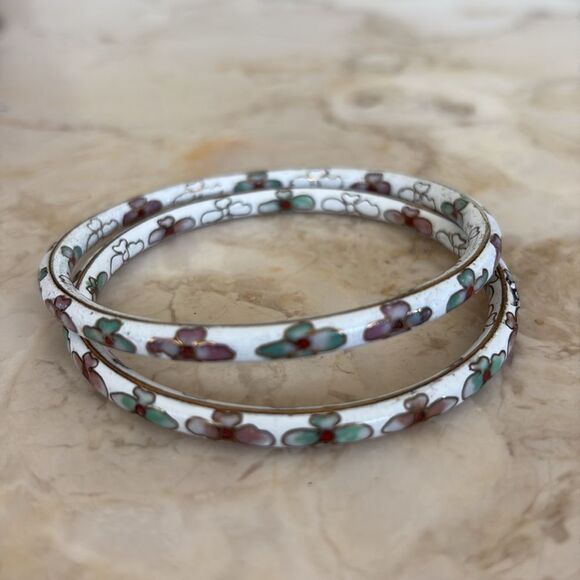 Vintage Cloisonné Floral Bangle Bracelets Set of 5 - Picture 7 of 14